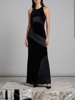 Andrea Polizzi for Rex Lester Black Burnout Velvet Satin Panel Maxi Gown 6